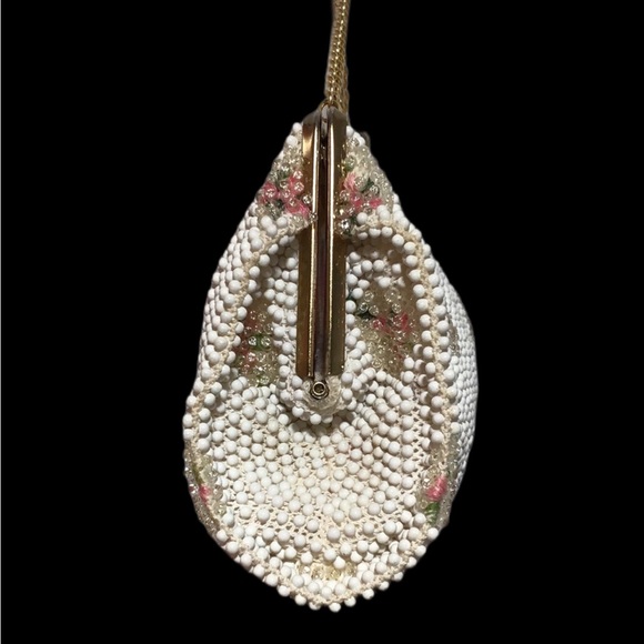 Vintage Frame Beaded Evening Bag, Ivory, Clear, Pink, Green Beading, Kiss Clasp - Picture 8 of 11